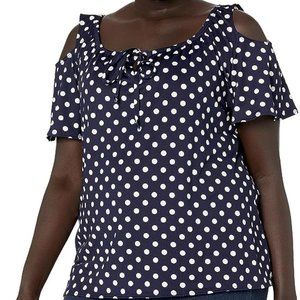 STAR VIXEN Navy White Polka Dot 1X S/S Cold Shoulder Shirt C:49" Peasant Top NEW